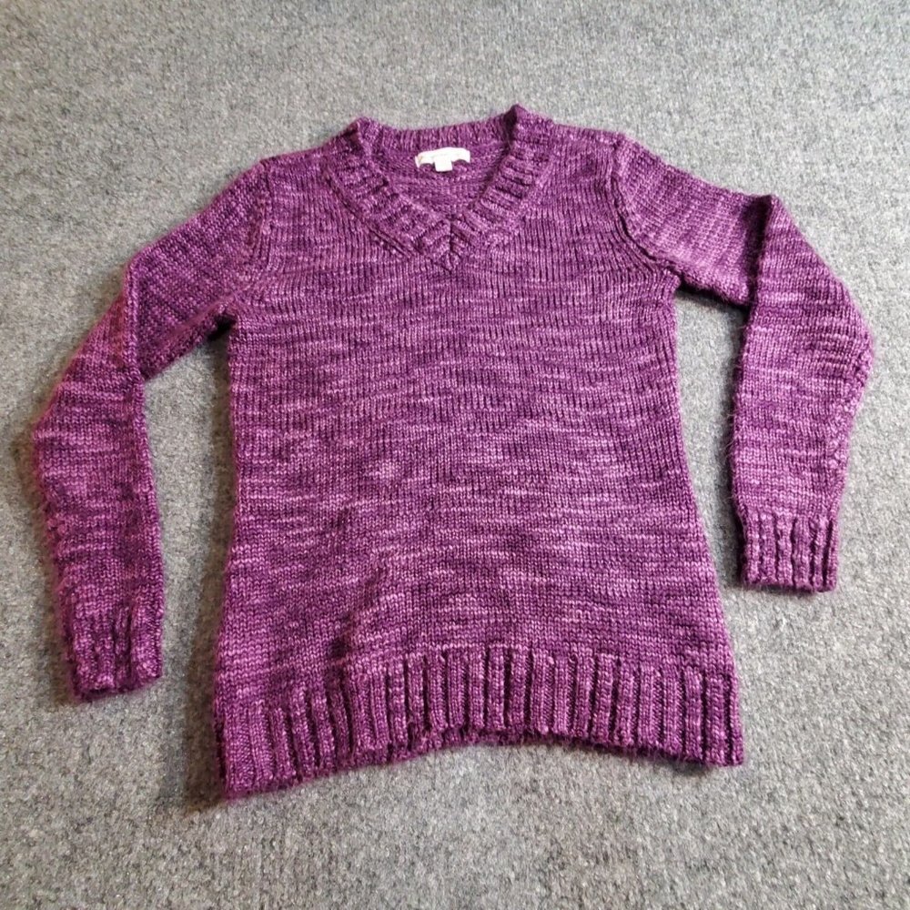 J M COLLECTION Women Knit Sweater Size Petite Purple Long Sleeve V Neck Shirt